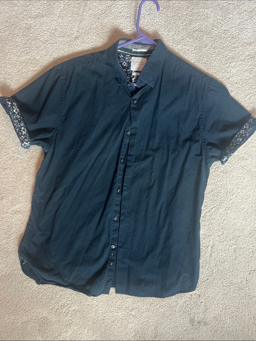 Denim & Flower Navy Short-Sleeve Button-Down Shirt with Floral Trim